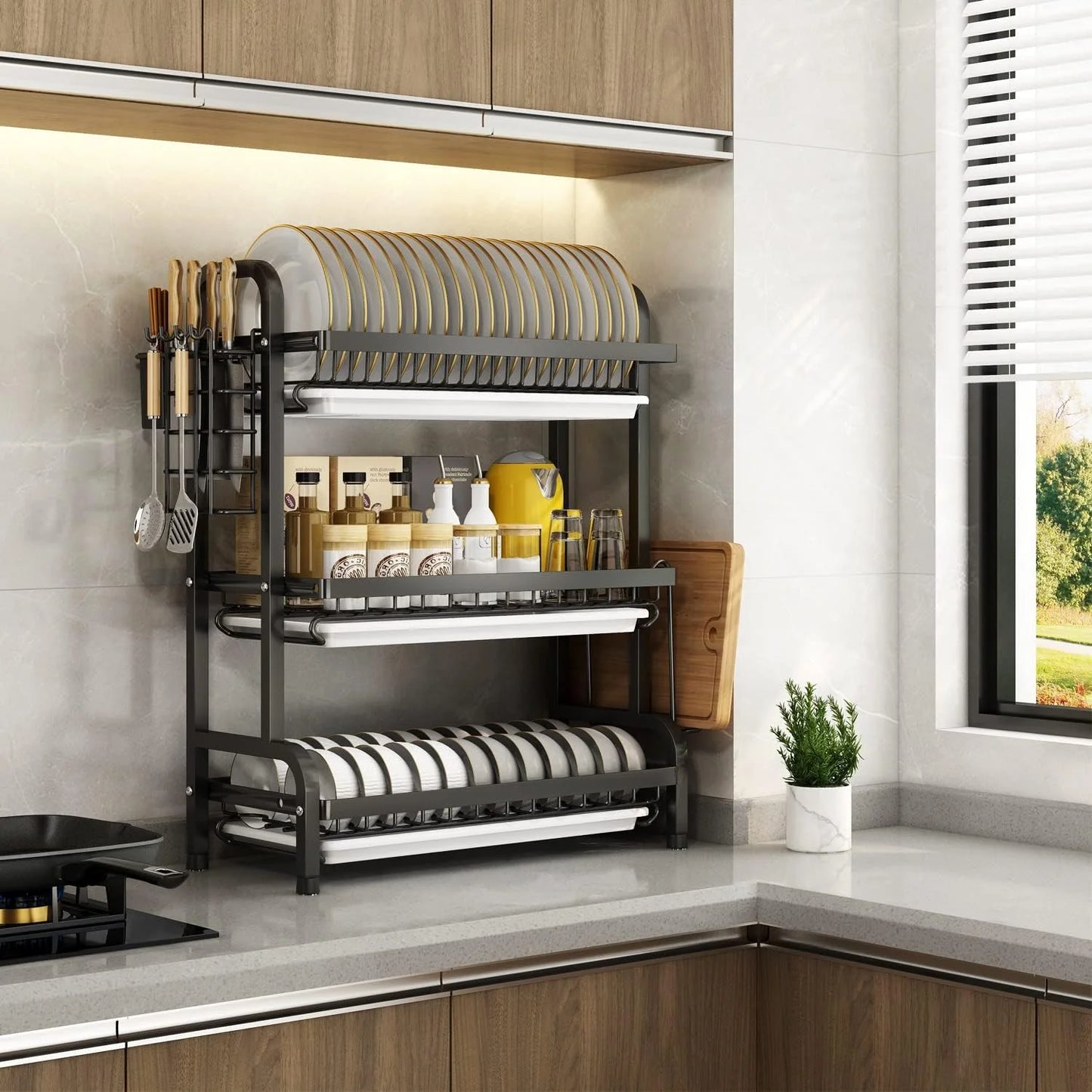 Escurridor de Platos 3 Niveles ®  -  ¡Triplique su Espacio con Higiene y Orden Al Instante!