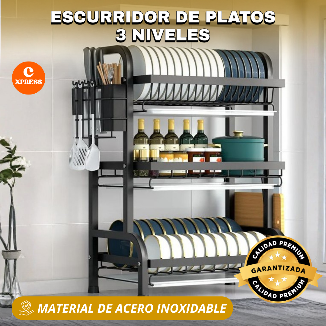 Escurridor de Platos 3 Niveles ®  -  ¡Triplique su Espacio con Higiene y Orden Al Instante!