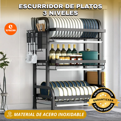 Escurridor de Platos 3 Niveles ®  -  ¡Triplique su Espacio con Higiene y Orden Al Instante!