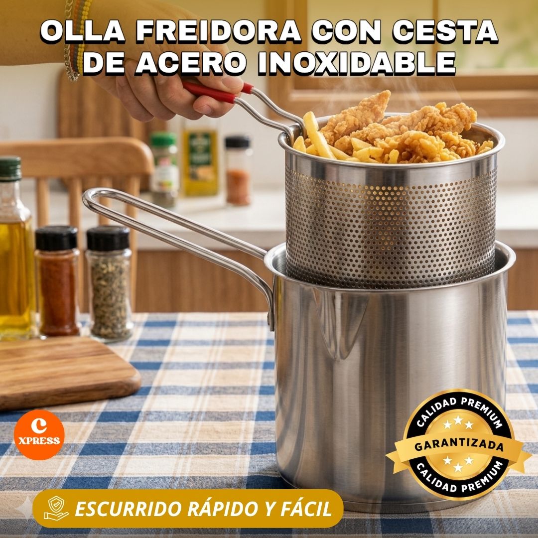 Olla Freidora con Cesta de Acero Inoxidable ®  -  ¡Fríe con Precisión y Limpieza Total!